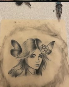 Illustrative portrait tattoo design with a flower