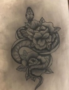Snake and flower tattoo design in black and gray