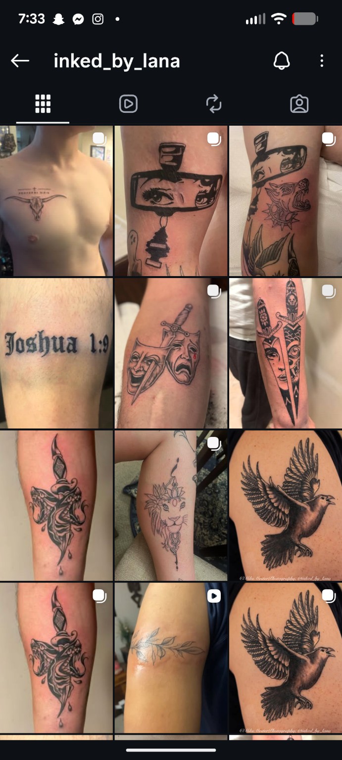 Black and gray illustrative tattoo work by Lana